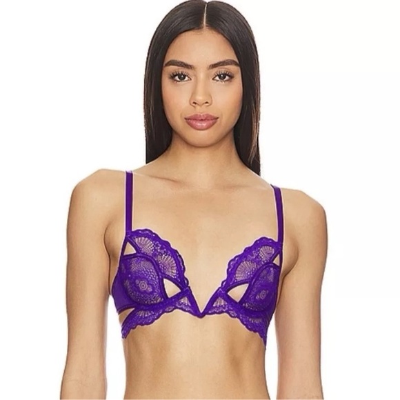 New Thistle and Spire Kane Cutout V Wire Bra Top Lace Sheer Purple 32C - Picture 1 of 9